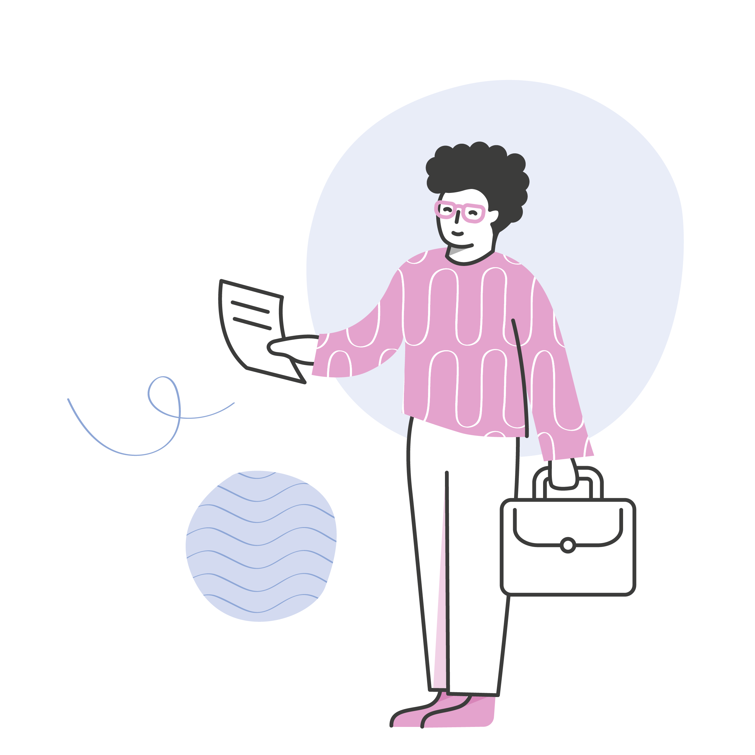 Illustration einer Person mit lockigem Haar, rosa Brille und rosa gemustertem Pullover, die in einer Hand eine Rechnung hält.